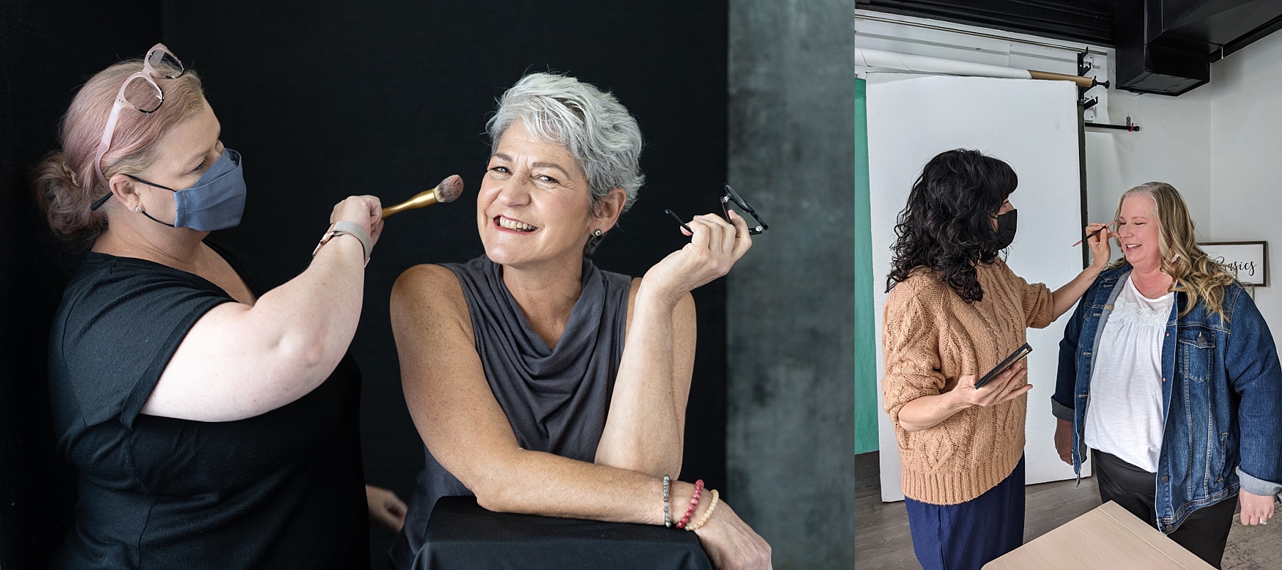 photos of women having professional makeup applied during photoshoots to celebrate women over the age of 50