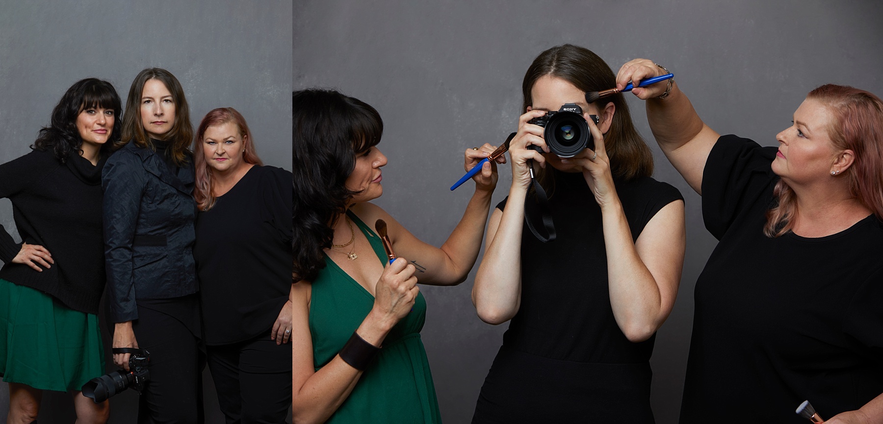 behind the scenes photos of photographer, rachel hadiashar, and her makeup artists